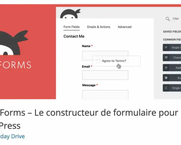 Le logo Ninja Forms, un constructeur de formulaires pour WordPress, avec un aperçu de l'interface de création de formulaires.