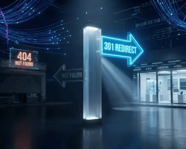 Un panneau lumineux "301 REDIRECT" pointe vers un magasin moderne, contrastant avec un bâtiment "404 NOT FOUND". Un plugin redirection WordPress pour guider les visiteurs.