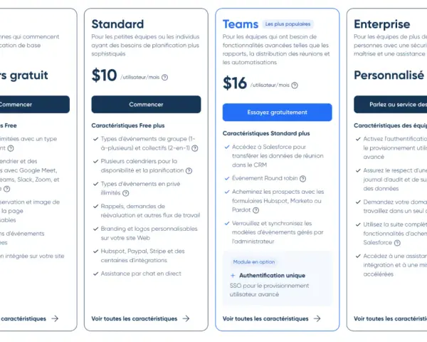 Tableau comparatif des plans de planification de rendez-vous : Free (gratuit), Standard ($10/mois), Teams ($16/mois) et Enterprise (personnalisé). Le plan Free est un logiciel prise de rendez vous gratuit.