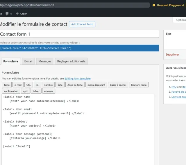 Modification du formulaire de contact 1, un outil de contact form 7, avec des champs pour nom, email, sujet et message.