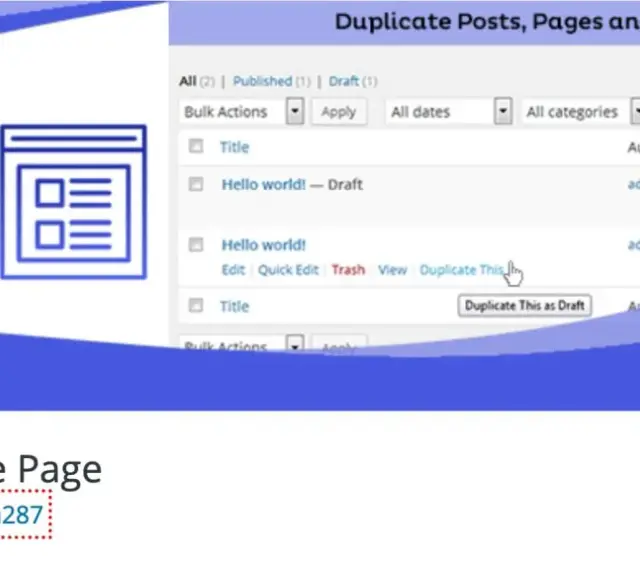 Icône montrant la duplication d'un article WordPress. L'interface WordPress affiche des options pour dupliquer un article.