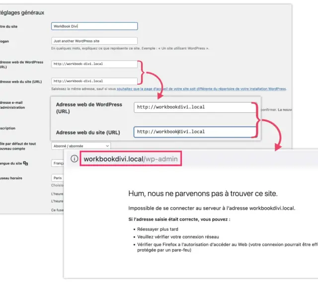 Interface WordPress montrant les réglages généraux pour changer l'URL du site. Une erreur indique que le site n'est pas accessible à l'adresse saisie.