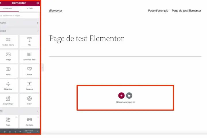 Interface Elementor pour créer une page de test. Le panneau latéral affiche divers éléments de thème, prêts à être glissés.