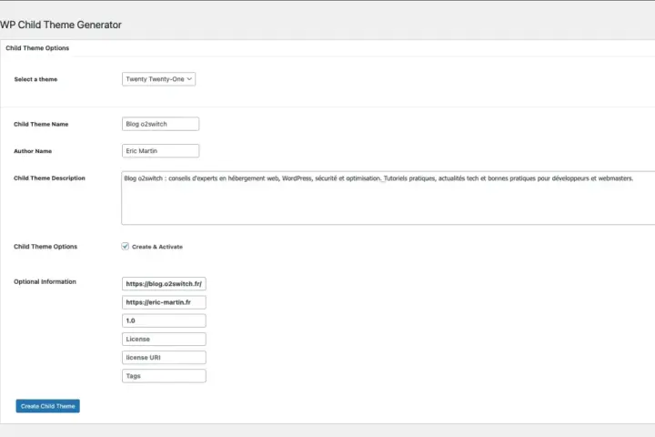 Génération d'un thème enfant WordPress avec le thème parent Twenty Twenty-One. Le thème enfant s'appelle "Blog o2switch" et est créé par Eric Martin.