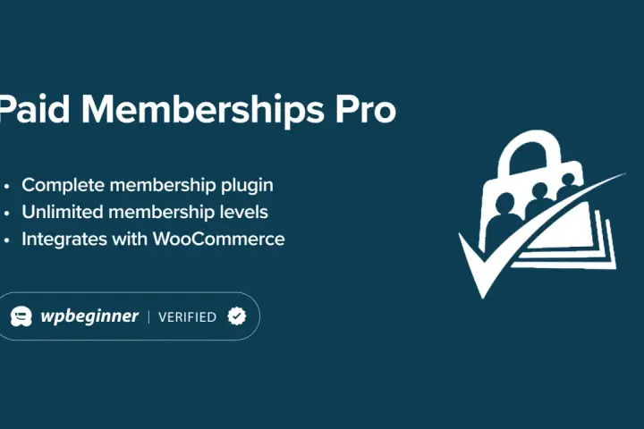 Paid Memberships Pro : plugin complet pour adhésions, niveaux illimités, intégration WooCommerce. Icône de sac avec personnes et coche.