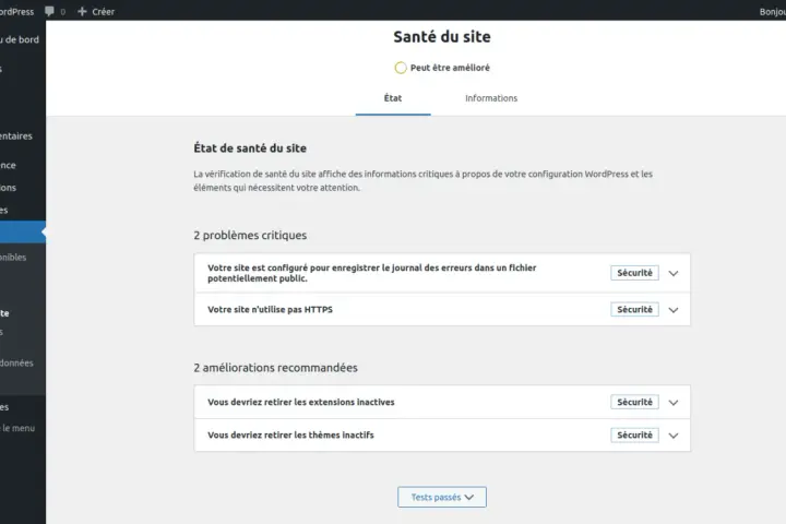 Tableau de bord WordPress : état de santé du site, avec 2 problèmes critiques et 2 améliorations pour la création de votre site web santé.