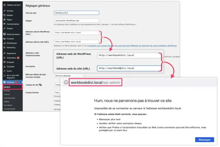 Interface WordPress montrant les réglages généraux pour changer l'URL du site. Une erreur indique que le site n'est pas accessible à l'adresse saisie.