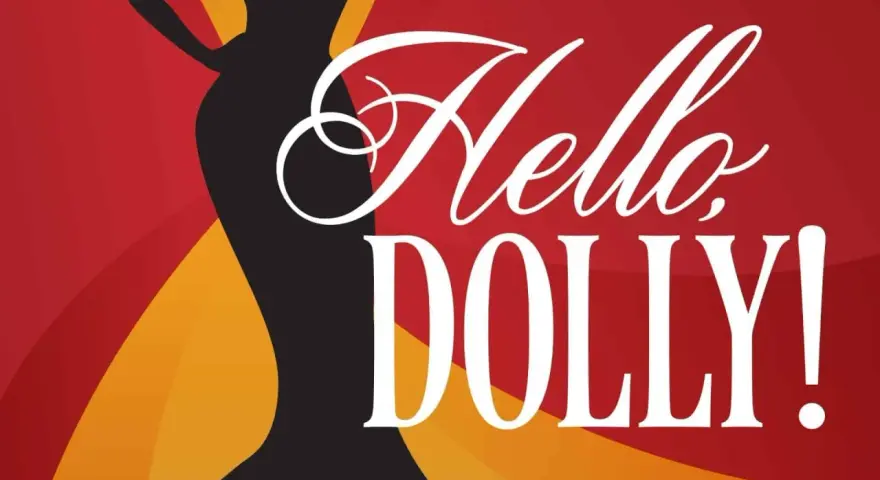Silhouette d'une femme élégante sur fond rouge et jaune, avec le texte "Hello Dolly!" en blanc. Idéal pour un site WordPress.