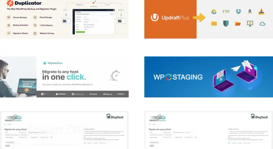 Outils pour copier un site WordPress : Duplicator, UpdraftPlus, MigrateGuru, WP Staging. Migration facile en un clic.