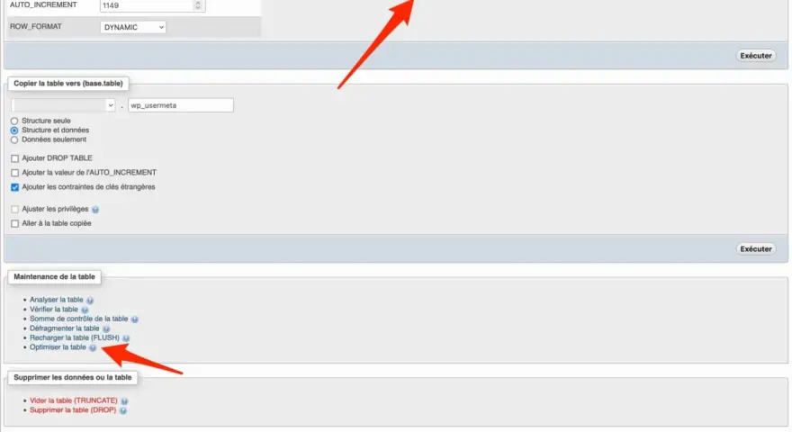 Interface d'administration pour une base de données WordPress, montrant les options d'opérations et de maintenance de table, comme "Optimiser la table".