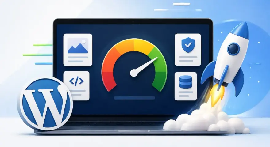 Boostez votre site WordPress avec un track SEO optimal. Icônes de performance, sécurité et base de données, fusée décollant.