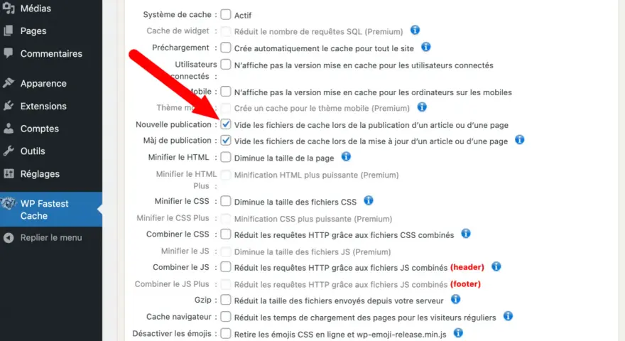 Dans les réglages de WP Fastest Cache, la case "Nouvelle publication" est cochée pour vider le cache lors de la publication d'un article.