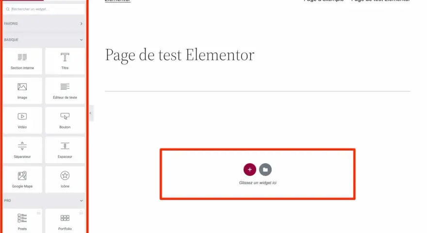 Interface Elementor pour créer une page de test. Le panneau latéral affiche divers éléments de thème, prêts à être glissés.