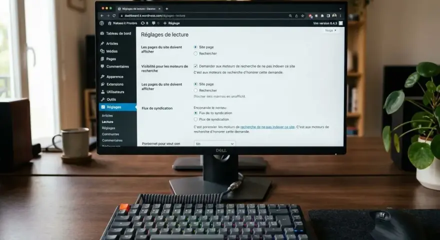Paramètres de lecture WordPress : cochez "Demander aux moteurs de recherche de ne pas indexer ce site" pour ne pas indexer une page WordPress.