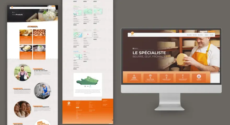 Conception d'un site vitrine WordPress pour un spécialiste du beurre, de l'œuf et du fromage. Le site met en avant les produits locaux et les engagements.