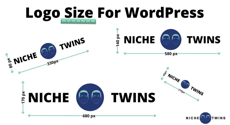 Guide sur la taille logo WordPress : différents formats pour le logo "Niche Twins" avec leurs dimensions en pixels.