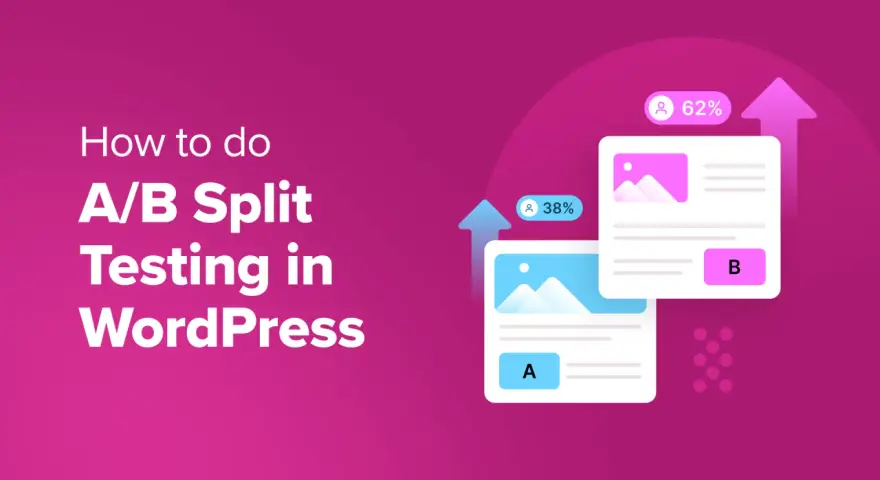 Guide pour l'A/B testing sur WordPress. Deux versions de page (A et B) avec des pourcentages de conversion (38% et 62%).