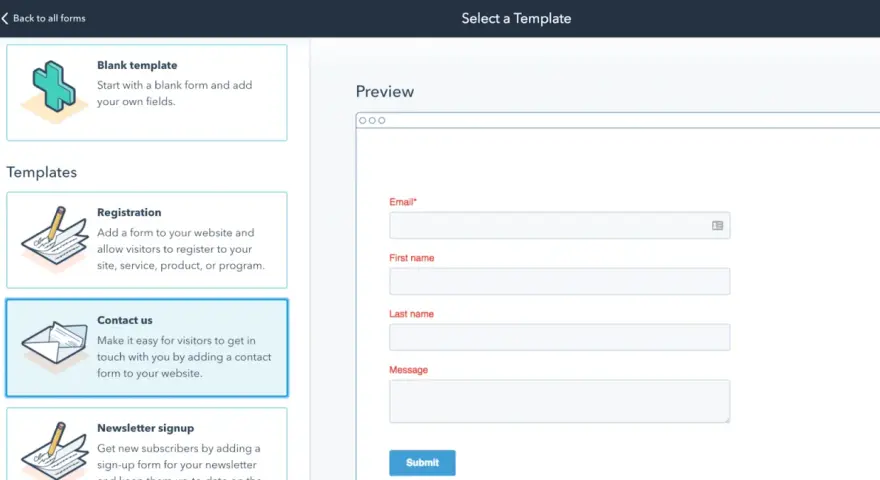 Interface de création de formulaires, offrant des modèles comme "Contact us" ou "Registration", une alternative à Google Forms.