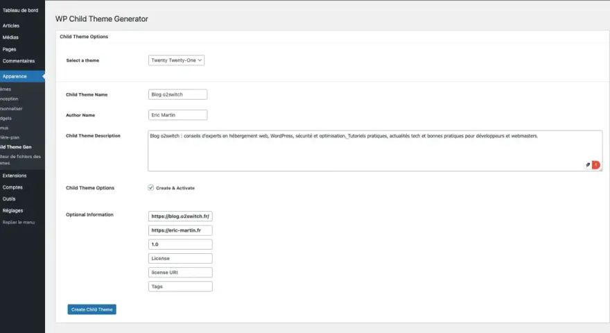 Génération d'un thème enfant WordPress avec le thème parent Twenty Twenty-One. Le thème enfant s'appelle "Blog o2switch" et est créé par Eric Martin.