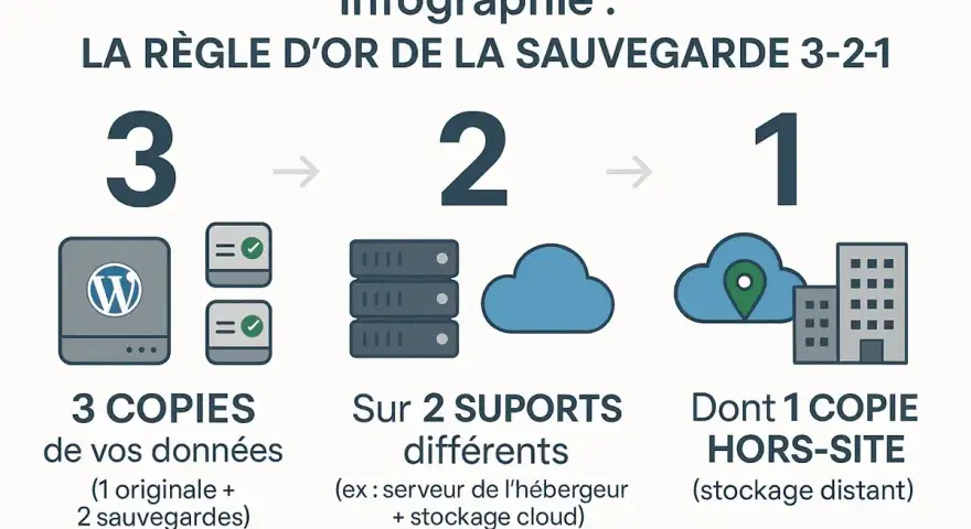 Infographie sur la règle d'or de la sauvegarde 3-2-1 pour WordPress : 3 copies, sur 2 supports différents, dont 1 copie hors-site.
