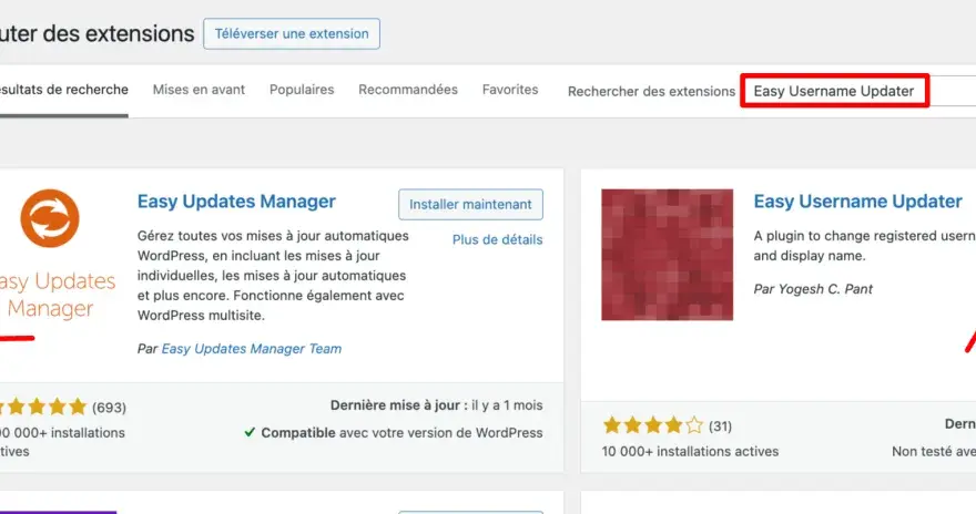 Interface WordPress pour changer identifiant. Recherche du plugin "Easy Username Updater" pour modifier nom d'utilisateur.