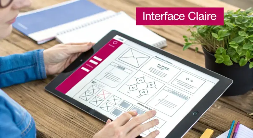 Une personne utilise une tablette pour créer un annuaire en ligne. L'interface affiche des maquettes et des wireframes.