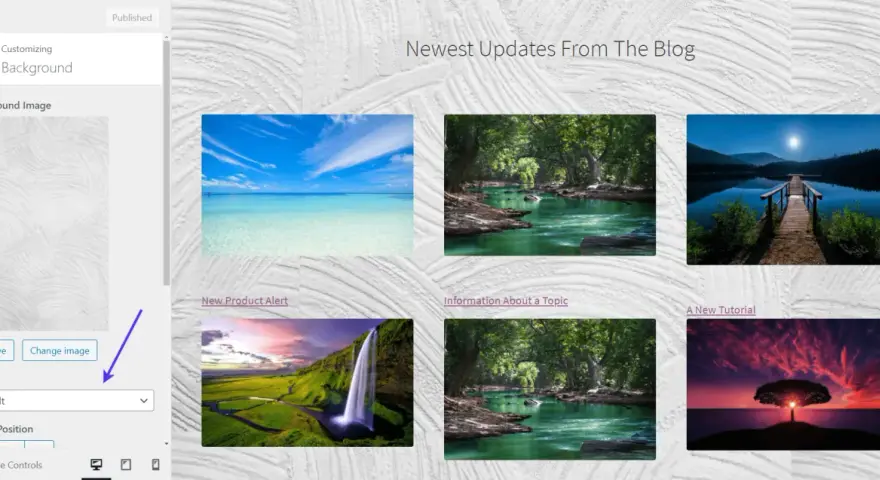 Image de fond WordPress avec des paysages variés : mer turquoise, rivière en forêt, lac au clair de lune, cascade, et arbre au coucher du soleil.