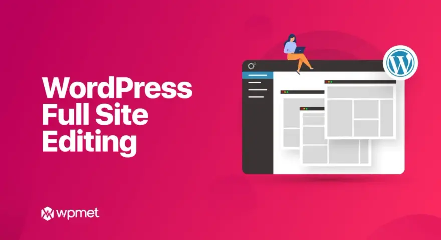 Illustration de la conception de sites web avec WordPress FSE. Une femme utilise un ordinateur portable sur une interface de site web.