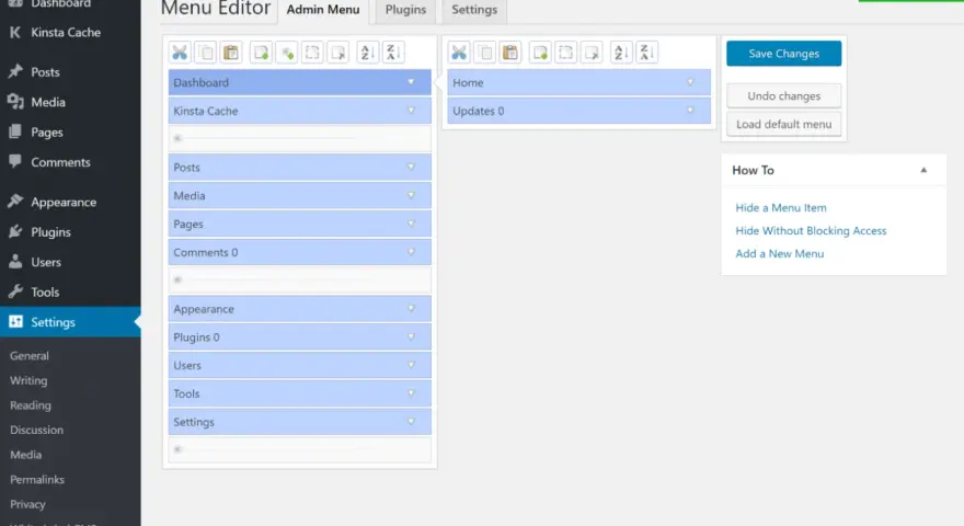 Interface de présentation tableau de bord pour l'édition de menus.