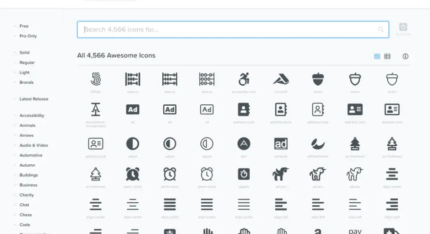 La page web Font Awesome affiche une grille d'icônes, dont des exemples comme "abacus", "acorn" et "alarm-clock", avec une barre de recherche pour trouver des icônes WordPress.
