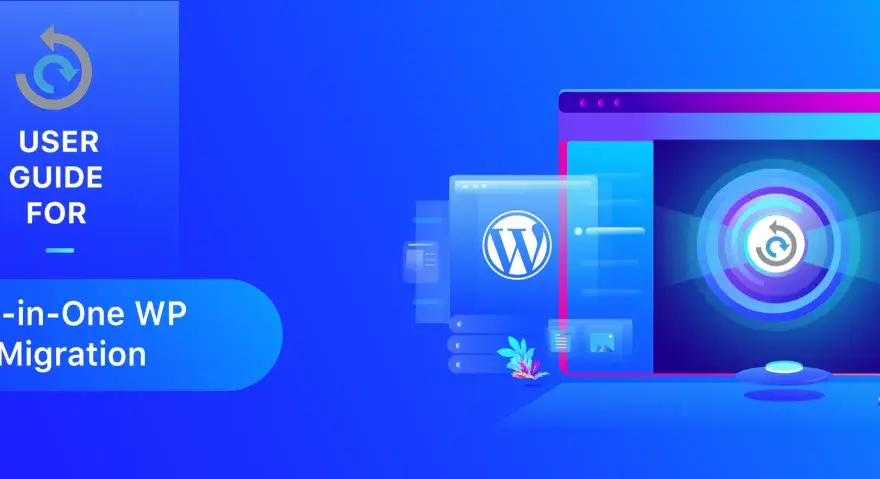 Guide pour la migration WordPress tout-en-un. Illustration abstraite avec le logo WordPress et un symbole de transfert.