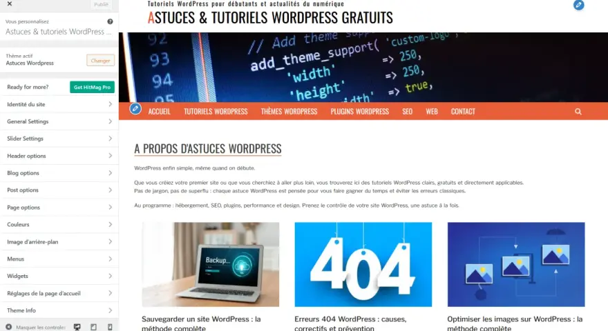 Interface d'un thème site web WordPress avec des tutoriels sur le codage et la gestion de site.