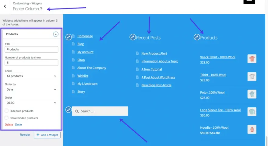 Interface WordPress pour modifier le footer. Colonne 3 du footer affichant des produits.