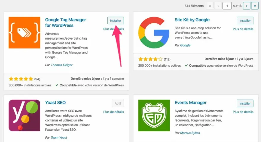 Page d'ajout d'extensions WordPress, avec le "knowledge panel Google" pour "Google Tag Manager for WordPress" affiché.