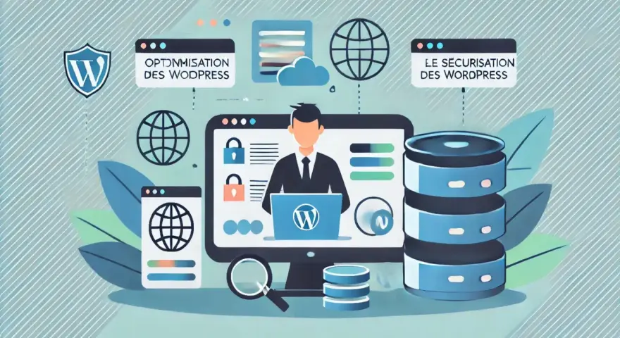 Illustration d'un homme devant un écran d'ordinateur, symbolisant l'optimisation et la sécurisation de l'espace membre WordPress.