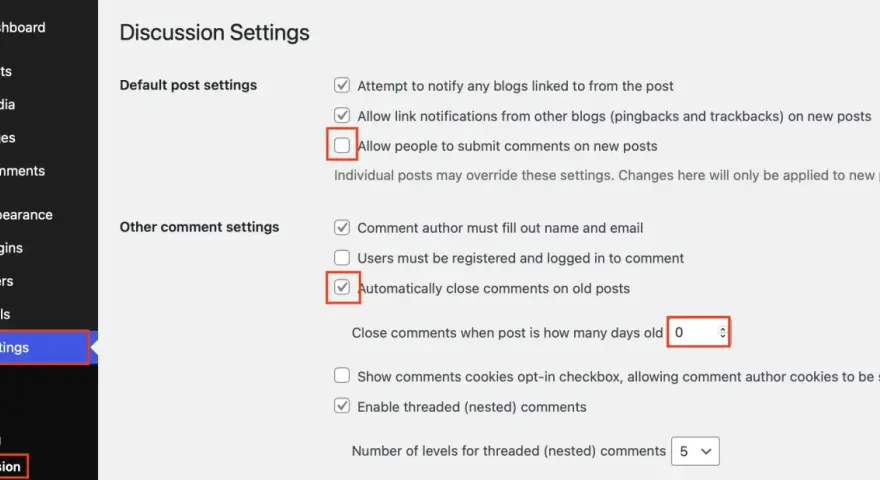 Paramètres de discussion WordPress : désactiver les commentaires en décochant "Autoriser les commentaires sur les nouveaux articles" et en cochant "Fermer automatiquement les commentaires sur les anciens articles".