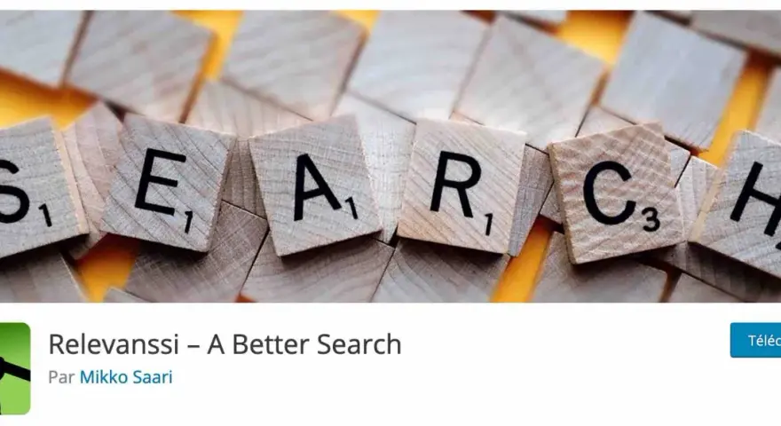 Lettres de Scrabble formant "SEARCH", suggérant une barre de recherche WordPress améliorée.