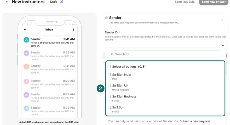 Interface de configuration pour l'envoi de SMS avec Brevo. Choix des expéditeurs pour les messages.
