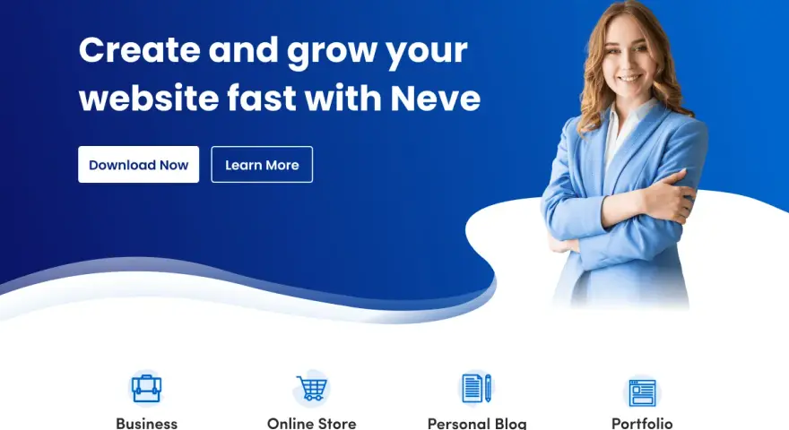 Une femme souriante en costume bleu, sur un fond bleu avec le logo Neve. Créez votre site web rapidement avec Neve WordPress.