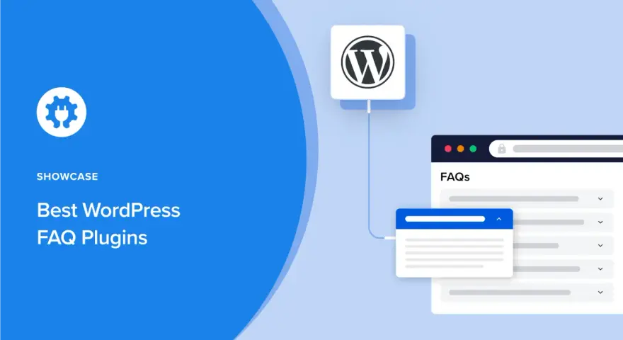 Icône d'engrenage et logo WordPress connectés à une interface web affichant des FAQs. Illustration pour les meilleurs wordpress faq plugin.