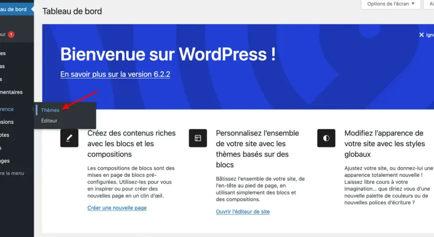 Tableau de bord WordPress, menu "Apparence" ouvert, flèche rouge pointant vers "Thèmes" pour installer un thème.