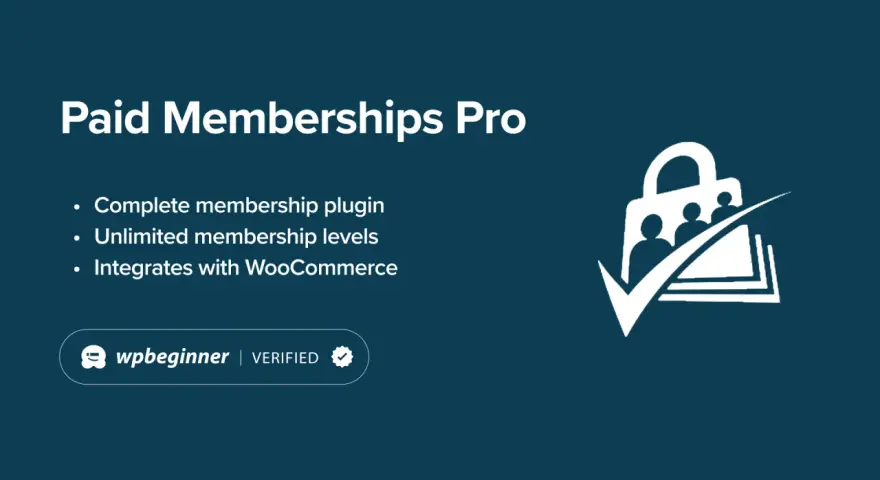 Paid Memberships Pro : plugin complet pour adhésions, niveaux illimités, intégration WooCommerce. Icône de sac avec personnes et coche.