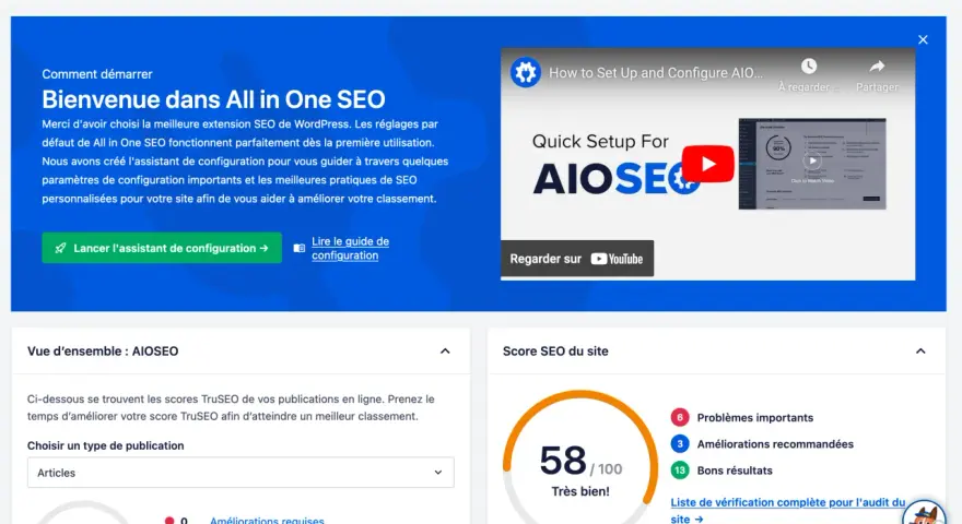 Tableau de bord AIOSEO : lancez l'assistant pour une configuration SEO complète, une alternative à Yoast.