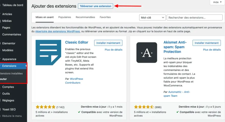 Interface WordPress pour ajouter une extension. On peut y voir le bouton "Téléverser une extension" pour créer un plugin WordPress.
