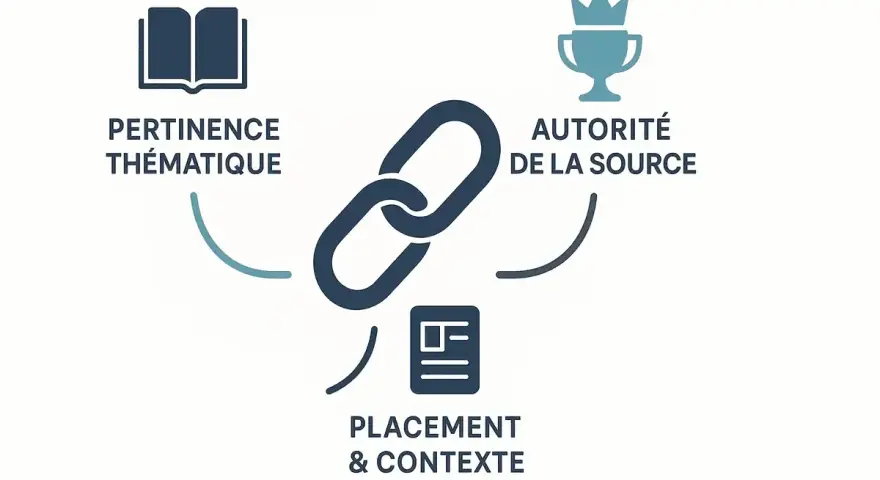 Diagramme illustrant les facteurs clés pour des backlinks gratuits : pertinence thématique, autorité de la source et placement/contexte.