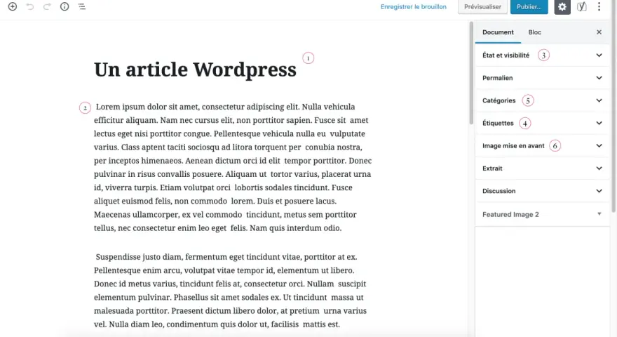 Un article WordPress en cours de rédaction, avec des options de publication et de configuration sur la droite.