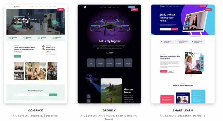 Trois maquettes de sites web : Co-Space (espace de coworking), DroneX (drone) et Smart Learn (formation en ligne). Un générateur de nom de site pourrait proposer ces designs.