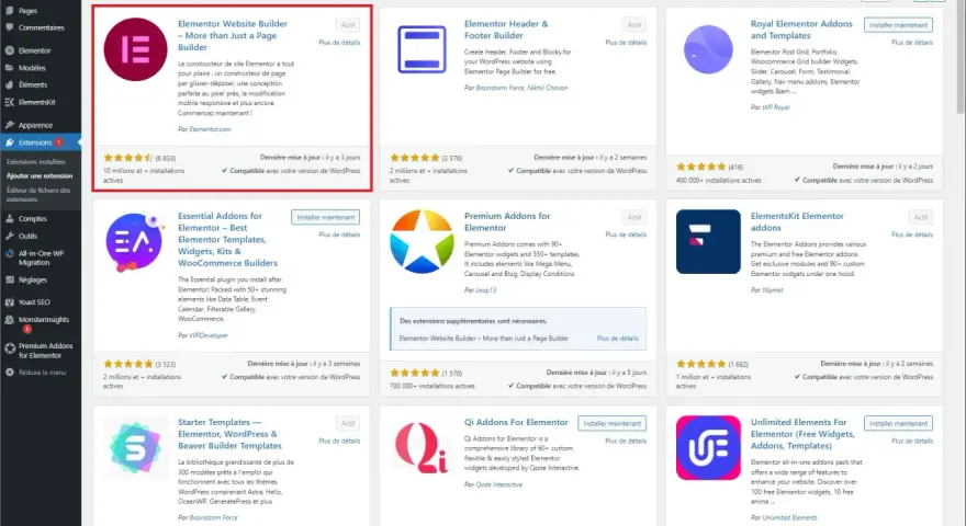 Page d'ajout d'extensions WordPress, recherche "Elementor" pour trouver du **dynamic content for Elementor**.
