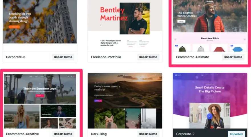 Aperçu de plusieurs thèmes WordPress Salient : Corporate-3, Freelance-Portfolio, Ecommerce-Ultimate, Ecommerce-Creative, Dark-Blog, Corporate-2.
