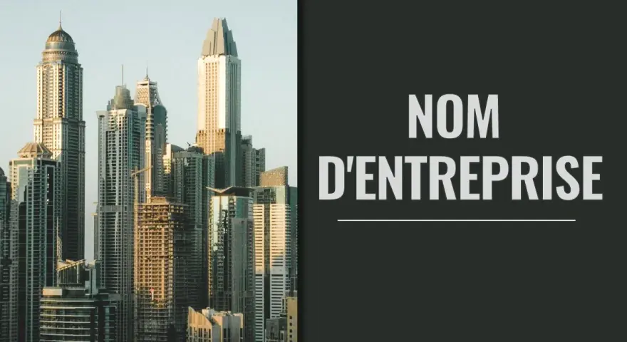 Vue d'une skyline moderne. Le texte "NOM D'ENTREPRISE" suggère une aide pour trouver un nom d'entreprise gratuit.